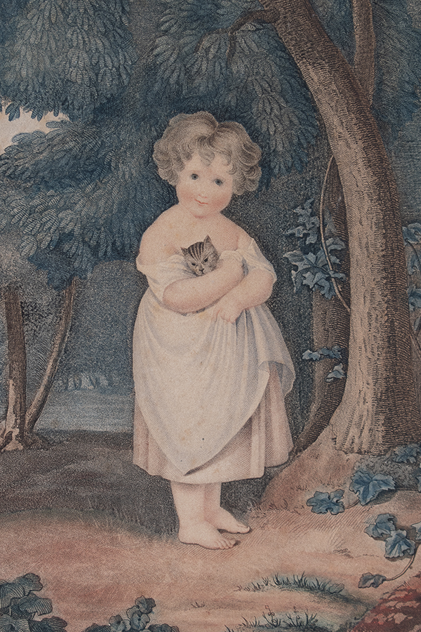 フランスアンティーク版画　女の子と猫